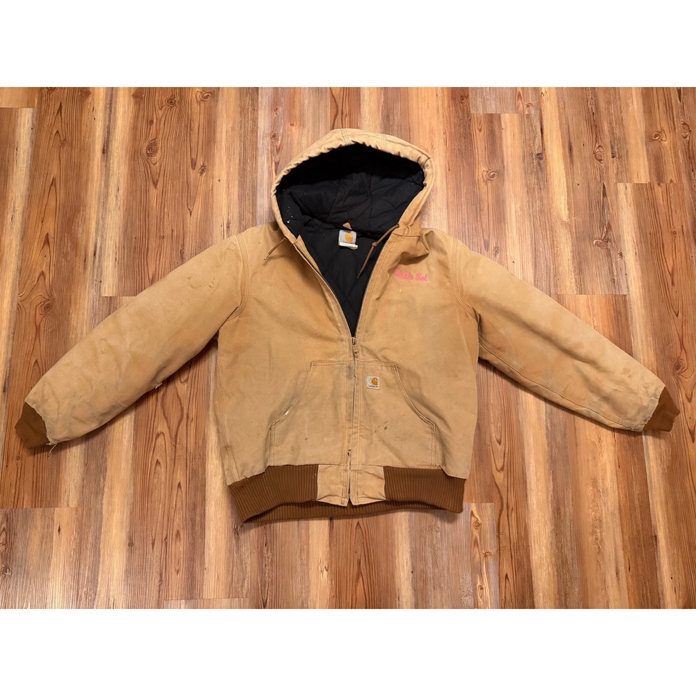 Carhartt J140 BRN Active Jacket Medium Tan Duck Canvas Quilted Hooded Coat